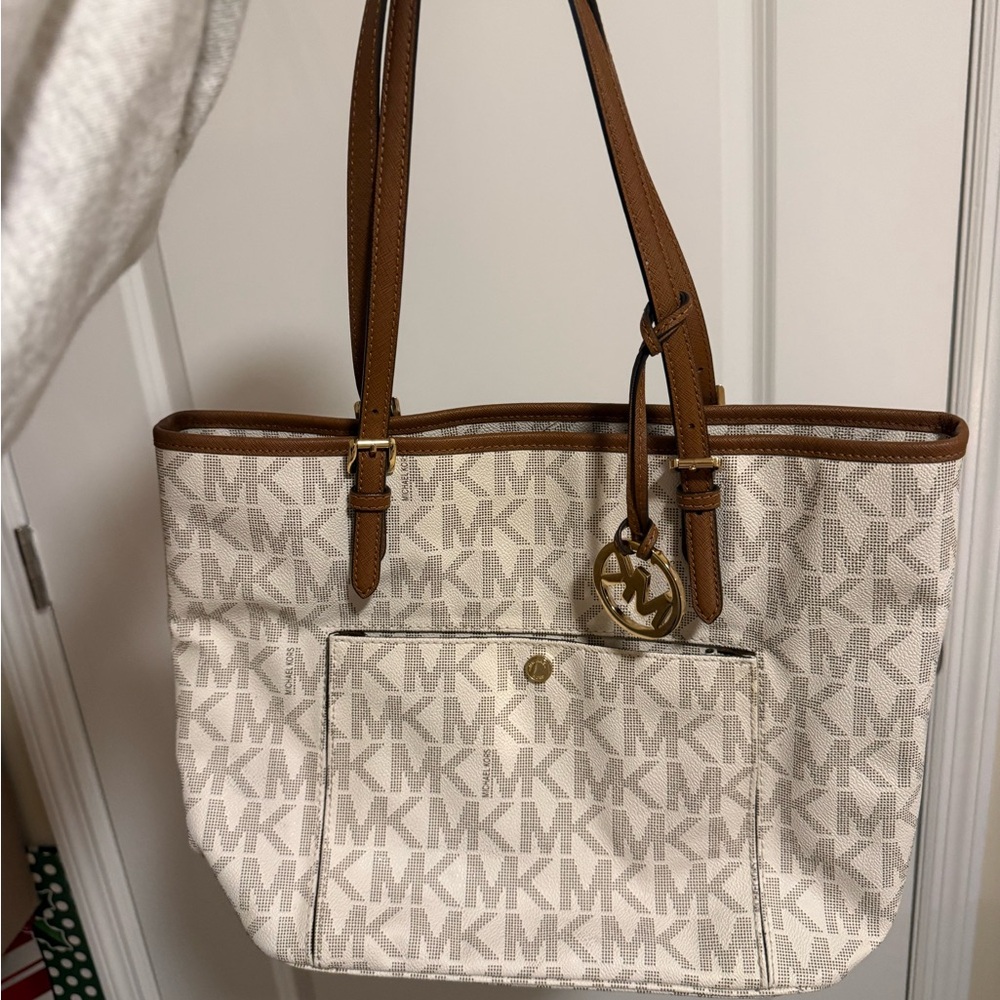 Michael Kors Cream and Brown MK Logo Tote